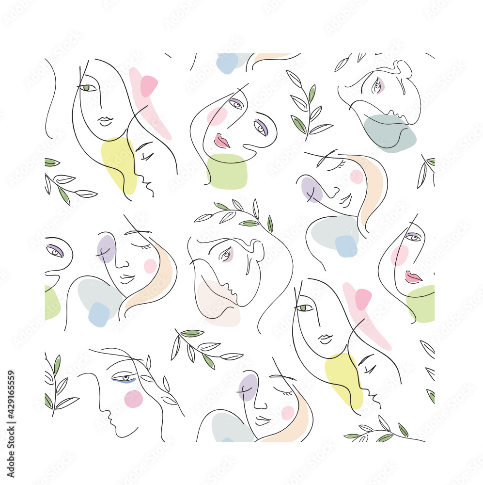 Trendy seamless pattern with abstract portraits of young women. Vector illustration for textile print , background, wallpaper, decorative paper and other design.
