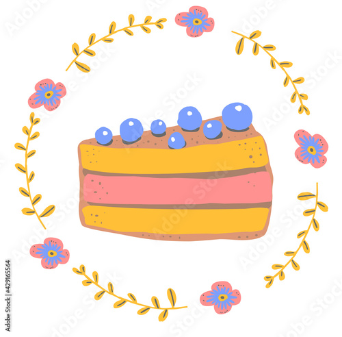 cute blueberry cake and floral wreath vector illustration