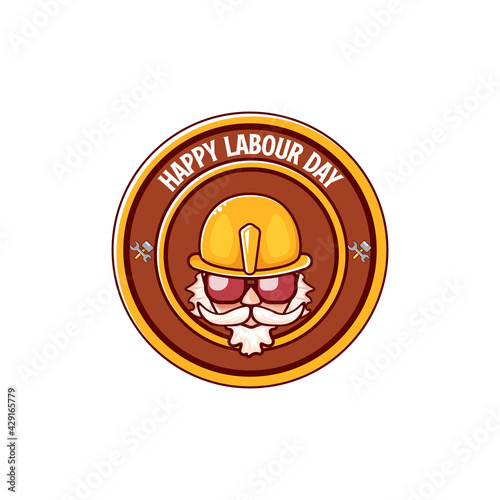 Happy labour day vector logo, label or stamp with funky worker on white background. vector happy labor day background or banner with man. workers may day poster