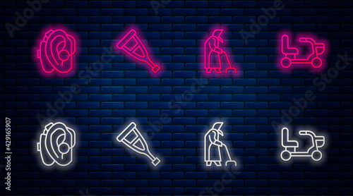 Set line Crutch or crutches, Grandmother, Hearing aid and Electric wheelchair. Glowing neon icon on brick wall. Vector