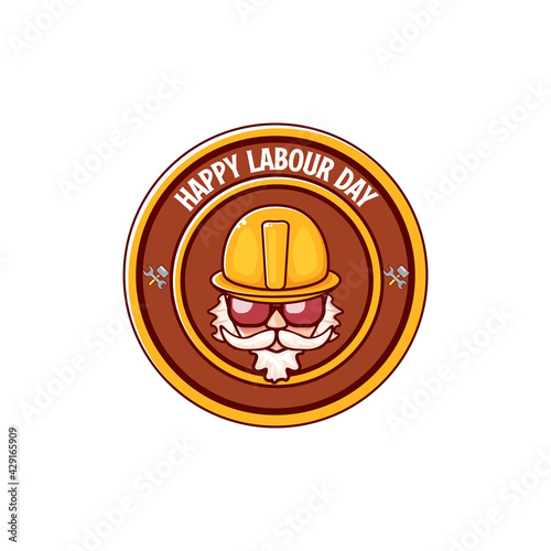 Happy labour day vector logo, label or stamp with funky worker on white background. vector happy labor day background or banner with man. workers may day poster