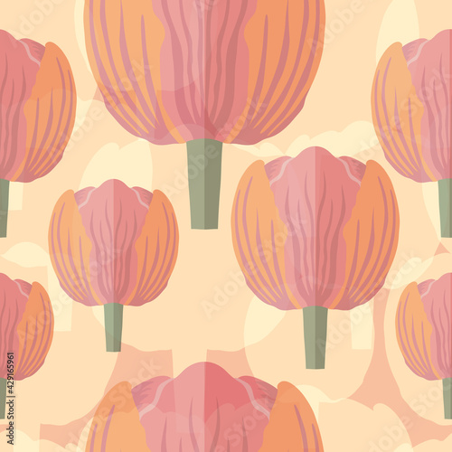 Seamless pattern with a varietal pastel pink tulip