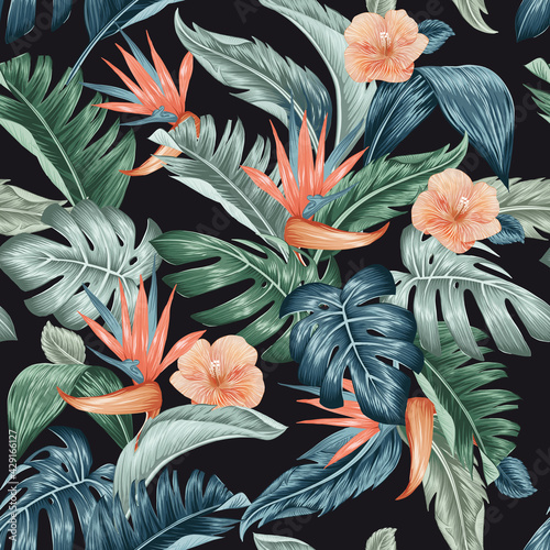 Seamless floral pattern with tropical flowers on summer background. Template design for textiles, interior, clothes, wallpaper. Vector illustration.  Botanical art