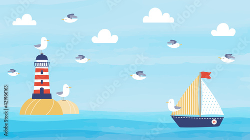 Horizontal summer background design with cartoon lighthouse, sailboat, and seagulls. Nautical background design for web banner, wallpaper, video, social media header, and more.