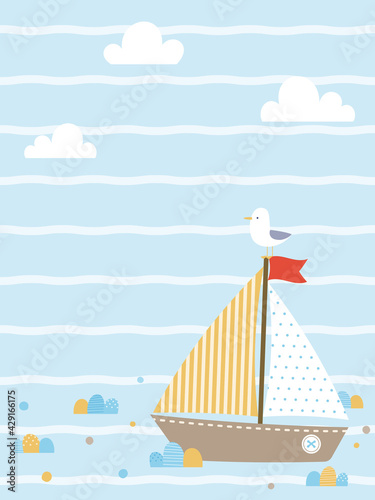 Summer background design with cartoon sailboat and seagull on striped background. Nautical background design for poster, postcard, greeting card, web banner, wallpaper, and more.