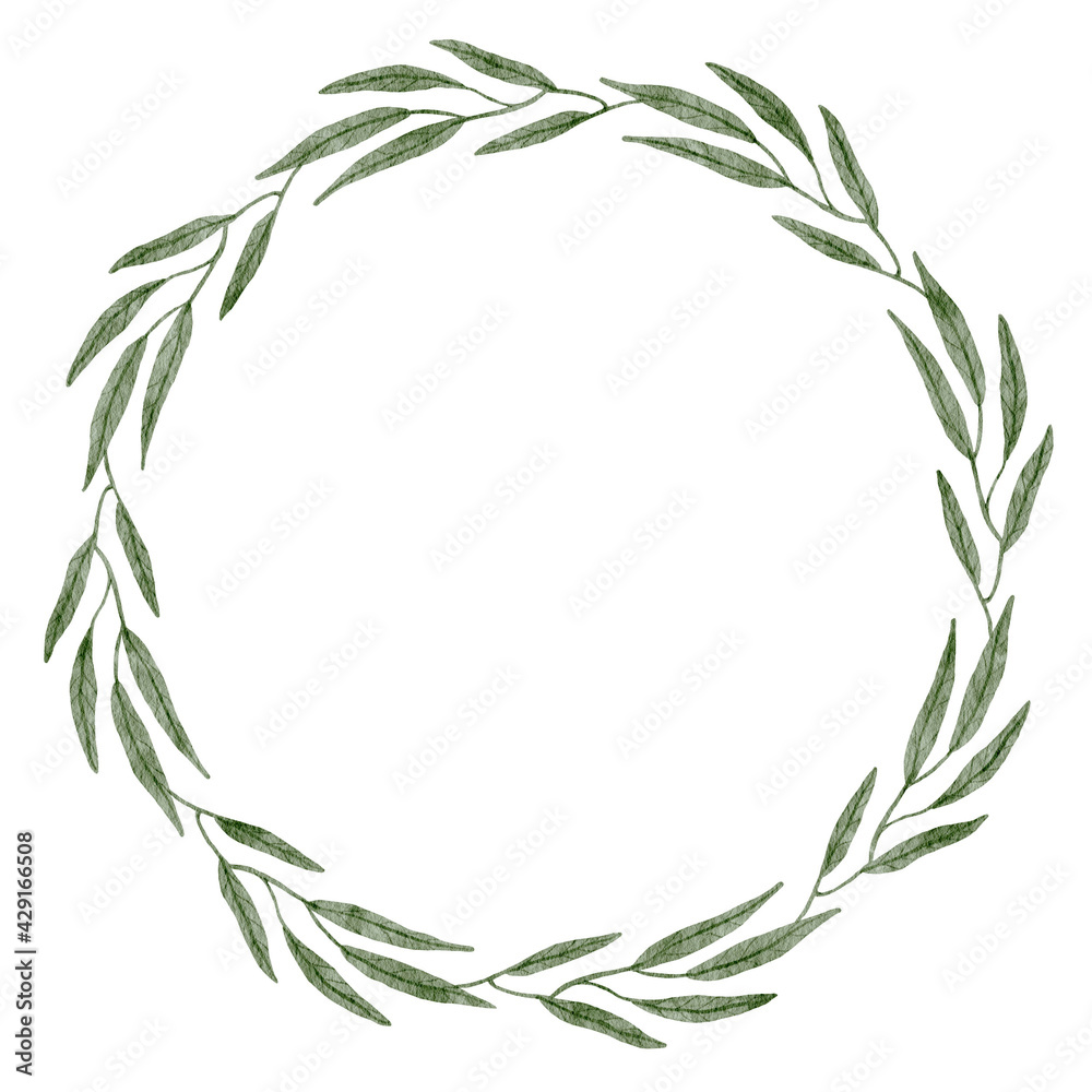 Delicate wreath of green leaves on a white background. Watercolor illustration of a round frame made of twigs with leaves, with place for text. Isolated wreath for invitations, greeting card
