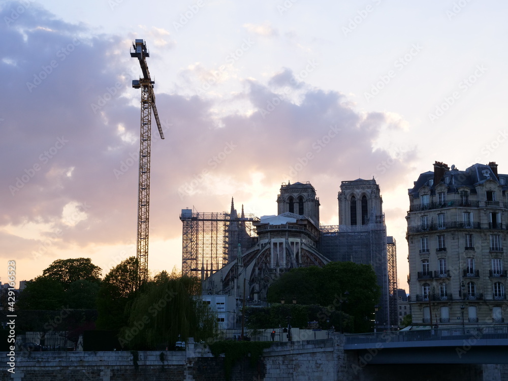The silhouette of the cathedral Notre-Dame de Paris during the sunset. Paris, France, the 20th April 2021.