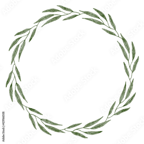 Delicate wreath of green leaves on a white background. Watercolor illustration of a round frame made of twigs with leaves  with place for text. Isolated wreath for invitations  greeting card