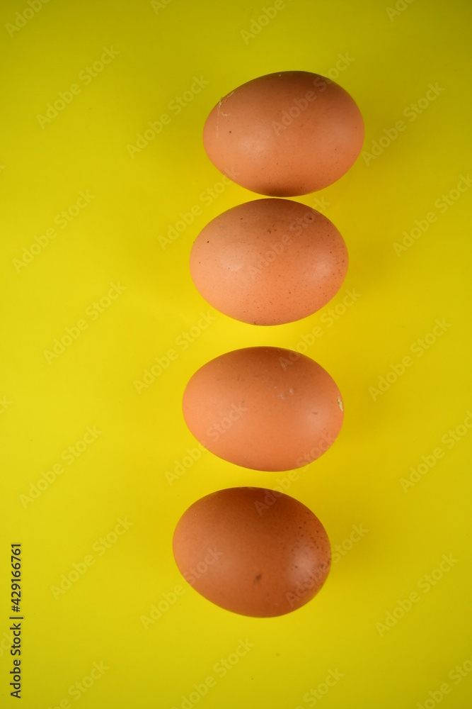 brown fresh round egg on bright yellow background