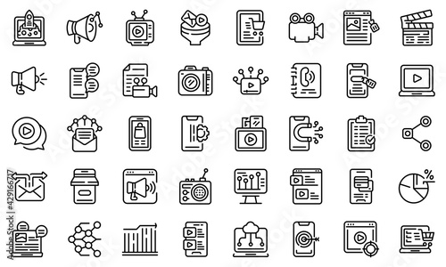Social media marketing icons set. Outline set of social media marketing vector icons for web design isolated on white background