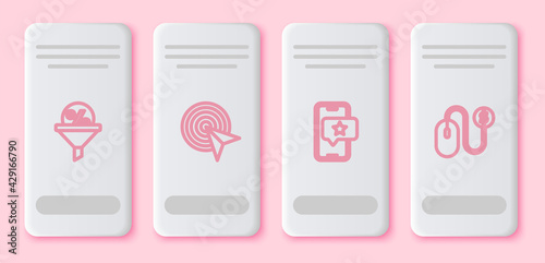 Set line Lead management, Target, Mobile with review rating and Advertising. White rectangle button. Vector