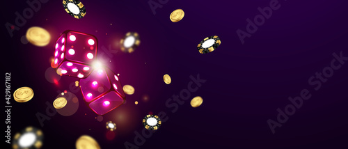 Fotografija dice casino chips flying realistic tokens for gambling, cash for roulette or pok