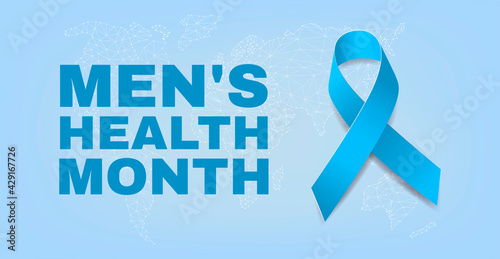 Mens health month concept. Banner template with blue ribbon awareness. Vector illustration..