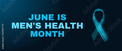 Men"s health month concept. Banner template with glowing low poly blue ribbon. Vector illustration.