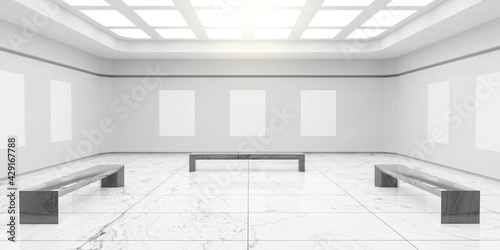 empty exhibition gallery hall with marble floor and blank canvas 3d render illustration