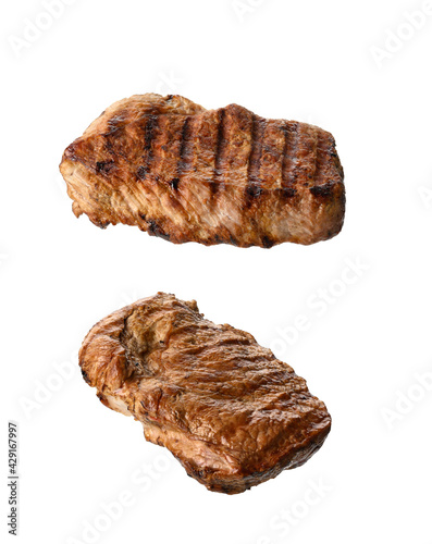 grilled piece of beef meat, food isolated on white background