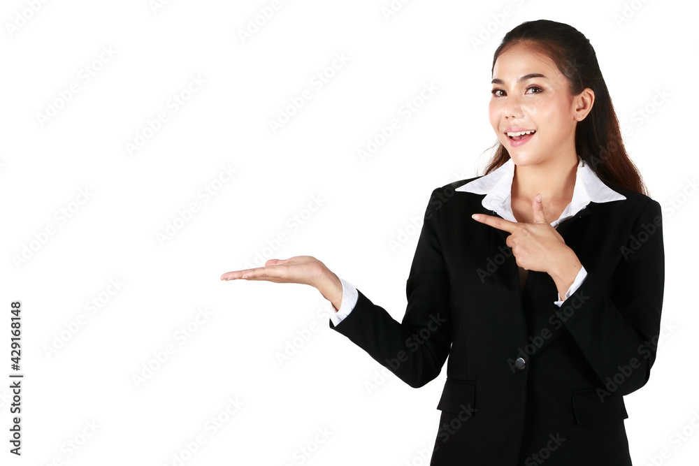 Portrait of Smiling Asian woman is beautiful standing wearing black suit. Businesswoman showing welcoming gestures in white background. Concept welcome business with white isolated. Portrait of Smiling Asian woman is beautiful standing wearing black suit. Businesswoman showing welcoming gestures in white background. Concept welcome business with white isolated.
