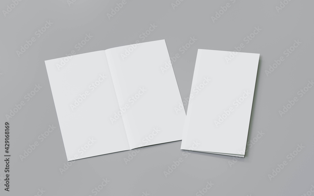 blank folded white flyer on grey background 3d render illustration showcase copy space design