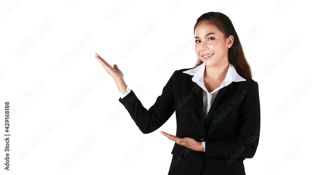 Portrait of Smiling Asian woman is beautiful standing wearing black suit. Businesswoman showing welcoming gestures in white background. Concept welcome business with white isolated.