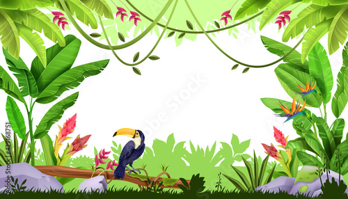 Jungle vector frame, tropical forest nature border, toucan, liana, exotic flowers, green grass, banana leaf. Floral paradise Amazon game background, Hawaii illustration. Jungle frame, vacation banner