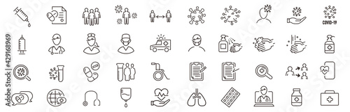 Set of Coronavirus and Vaccine line icons, covid19, Medical mask, health, contagious, epidemic, outbreak, Vector