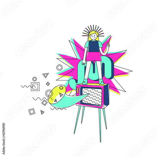 Colorful outraged girl stands on tv, 90s style vector illustration, trendy shapes collage 