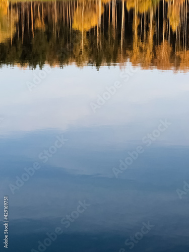 Autumn colorful trees reflect in calm lake water surface