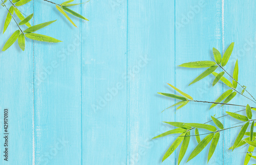 Bamboo leaves on blue wood background