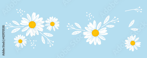 Daisy flower icons on blue background vector illustration. Cute floral print.