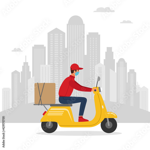 Delivery man rides a scooter.