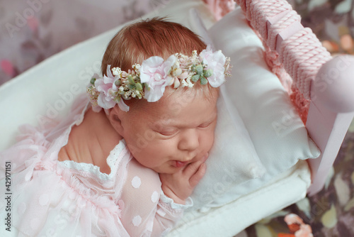 Sleeping newborn baby. Healthy and medical concept. Healthy child, concept of hospital and happy motherhood. Infant baby. Happy pregnancy and childbirth. Children's theme. Baby and childen's goods