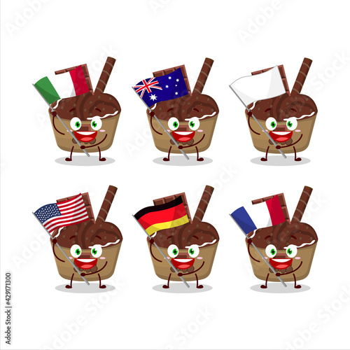 Ice cream chocolate cup cartoon character bring the flags of various countries