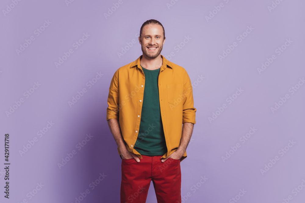 Close up portrait of cool guy with beard hands pockets posing Close up portrait of cool guy with beard hands pockets posing