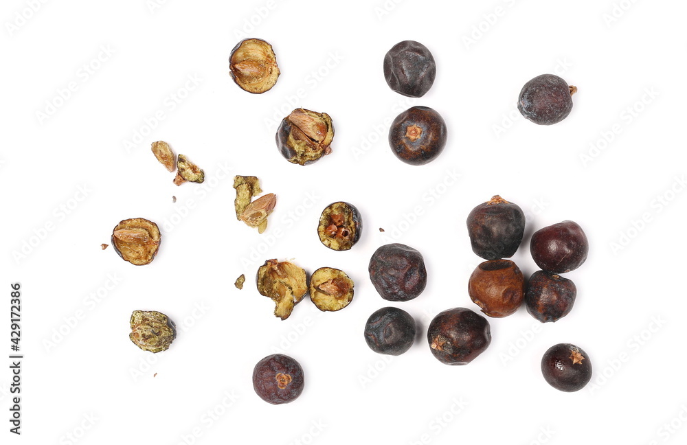 Dried juniper berries pile isolated on white background, top view Dried juniper berries pile isolated on white background, top view
