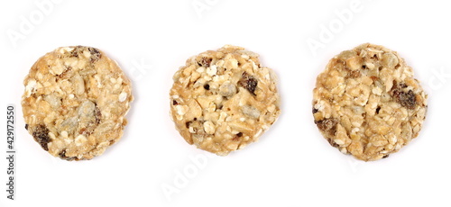 Muesli cookies, granola biscuits with peanuts, raisins and sunflower seeds set and collection, isolated on white background, top view