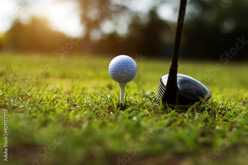 Golf clubs and golf balls on a green lawn in a beautiful golf course