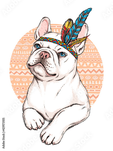 Cute cartoon french bulldog in indian headdress. Bright illustration in ethnic style. Stylish image for printing on any surface