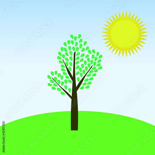 Lonely tree standing alone in a park cartoon vector summer nature landscape background