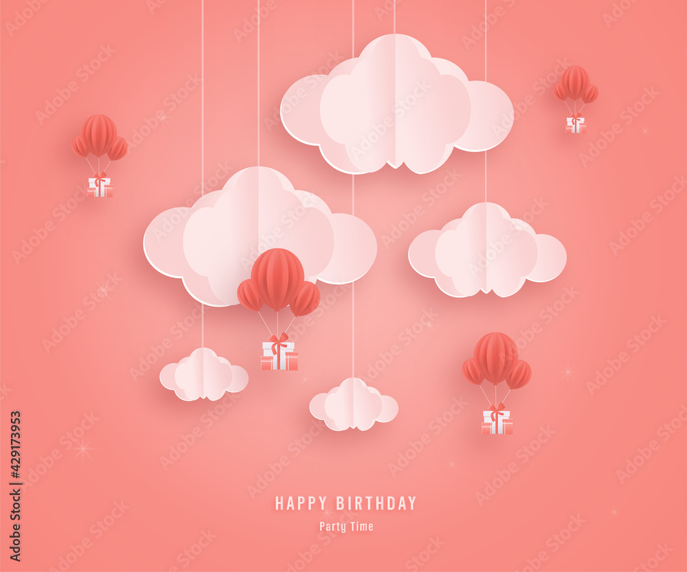 Happy birthday paper cut style greeting card with gift box birthday, a decorated balloon with clouds. Sweet blue background. There is a space for the text. Vector illustration with lace.