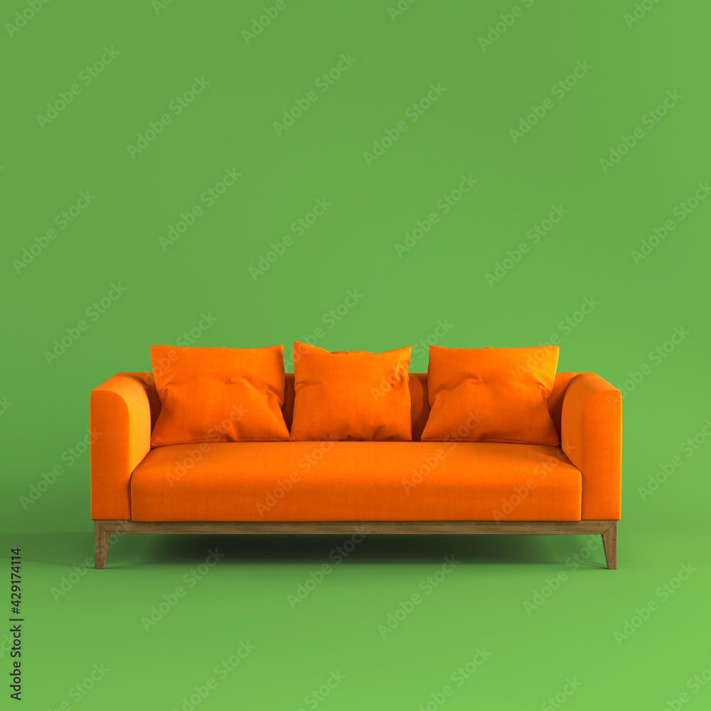 Modern scandinavian bright orange fabric sofa with soft pillows on wooden  legs on green background flat lay front view. Furniture, single piece of  interior object. Stylish trendy couch Stock Photo | Adobe