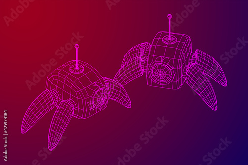Spider robot with radar antenna. Nanobot, nanotechnology medical concept. Wireframe low poly mesh vector illustration