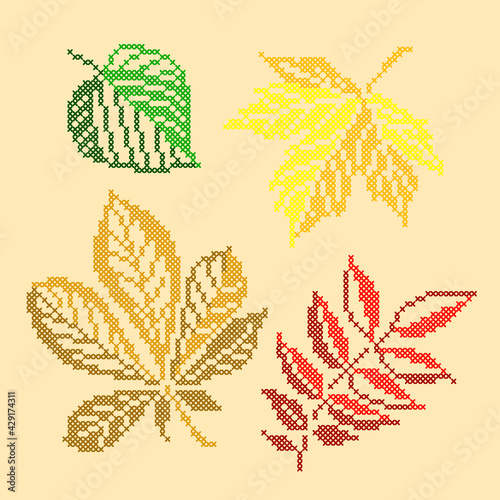 vector illustration of embroidery  leaves