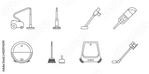 Floor cleaning set - broom, scoop, robot vacuum cleaner. Black and white icon. Vector Illustration