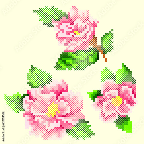 vector art embroidery pink flowers