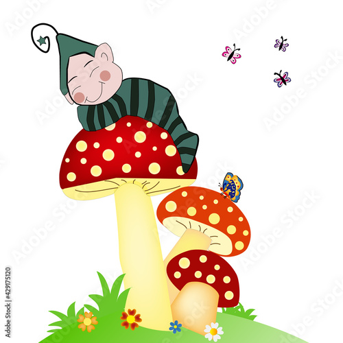 Duende durmiendo encima de una seta.