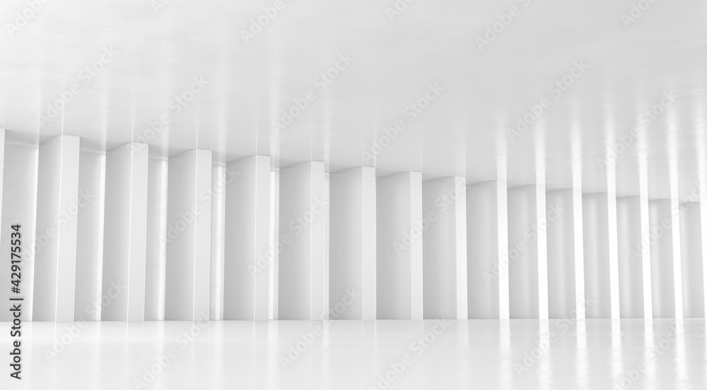 Abstract white floor and wall background with columns. Modern showroom design. Futuristic interior view. 3d Rendering. Abstract white floor and wall background with columns. Modern showroom design. Futuristic interior view. 3d Rendering.