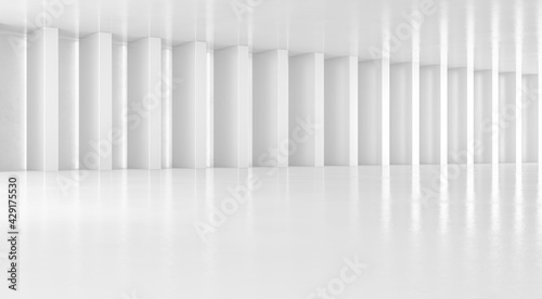 Abstract white floor and wall background with columns. Modern showroom design. Futuristic interior view. 3d Rendering.