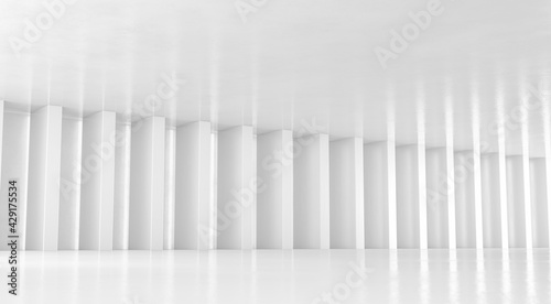 Abstract white floor and wall background with columns. Modern showroom design. Futuristic interior view. 3d Rendering.