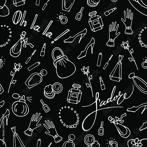 Vector chalkboard style seamless pattern Female accessories, cosmetics, french words I love you, oh la la. Linear white on black design for textile, wrapping paper, wallpaper, scrapbooking. 