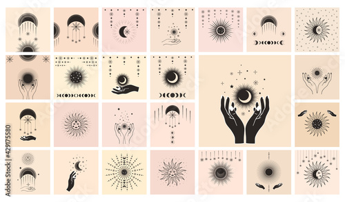 Hand drawn 25 cards of mystical Sun with woman`s face, Moon, star in line art. Spiritual symbol celestial space. Magic talisman, antique style, vintage, tattoo, logo. Vector sketch set illustration